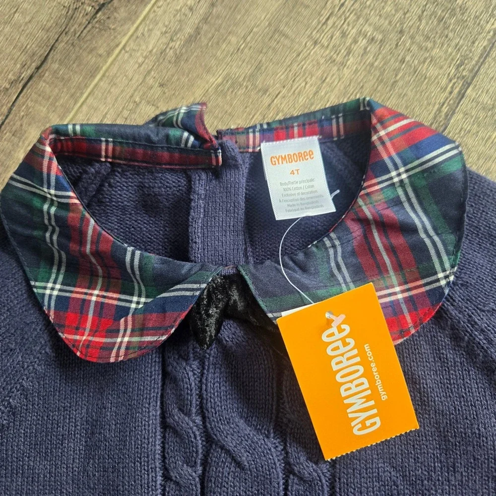 Gymboree Girls Navy Cable Knit Sweater Plaid Peter Pan Collar 4T NWT